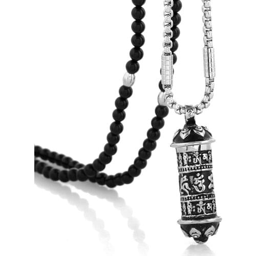Tibetan Buddhist Six True Syllable Mantra Sanskrit Pendant Necklace with Black Natural Stone Necklace 27 inch Chain