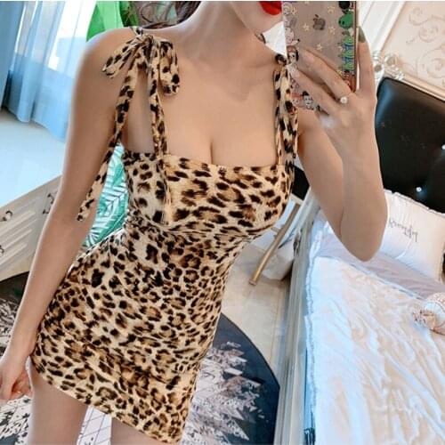 WOMENGAGA Korean Fashion Leopard Print Sleeveless Sling Dress For Women Summer Sexy Low-cut Package Hip Mini Dresses 6NSO