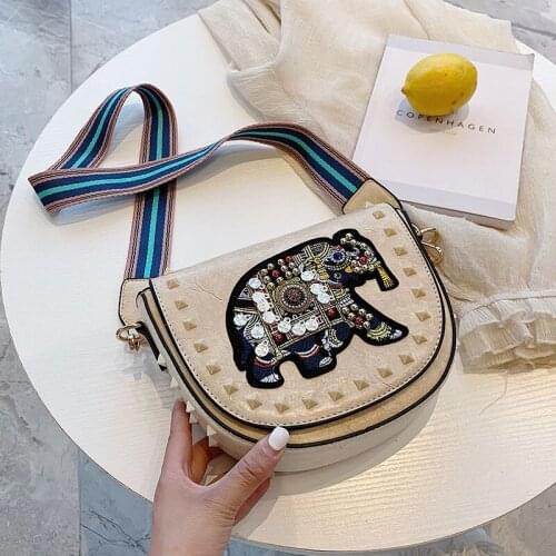 Womens bag 2020 new fashion saddle bag rivet embroidery small elephant messenger bag wide shoulder belt single shoulder bag