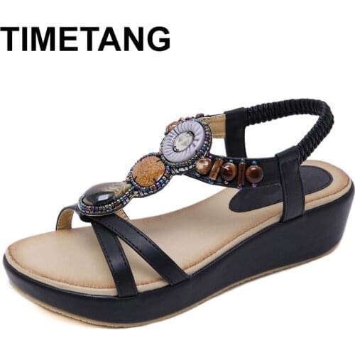 TIMETANGWoman Sandals Summer Shoes New 2019 Summer Sandals Bohemia Slope Heel Beaded Large Size Sandals Comfortable Shoes