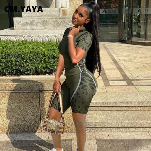 CM.YAYA Women Set Print Zip Fly Stand Collar Short Sleeve Tops Sheath Elastic Shorts 2 Piece Set Casual Tracksuit Summer Outfit