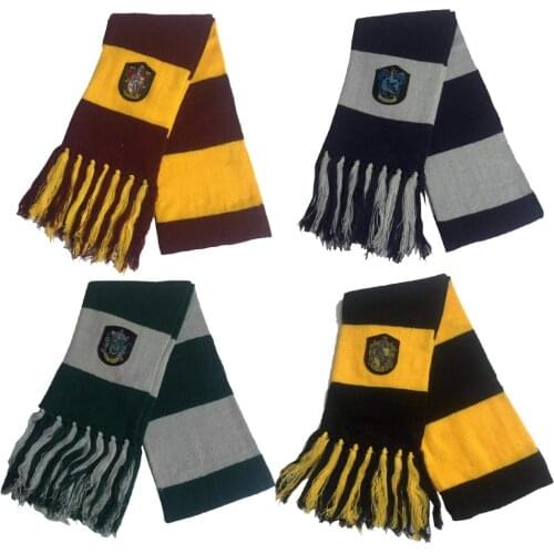 Cosplay Scarf Slytherin/Hufflepuff/Ravenclaw Striped Scarves Cute Wraps Badge Personality Cosplay Knit Embroidery Hat Gloves