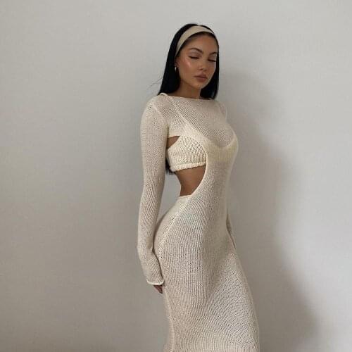 Knitted O Neck Dresses Outfits Women Sexy Ribbed Cut Out Backless Bodycon Long Sleeve Midi Dress 2021 Autumn Casual Clothes