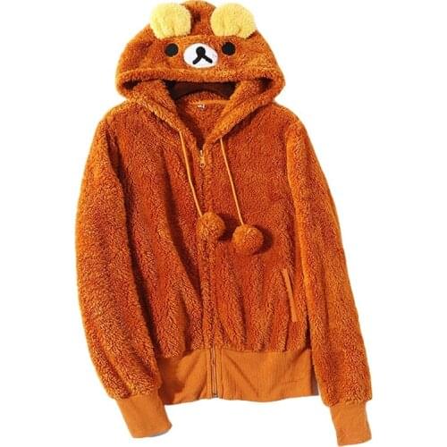 Zuolunouba 2020 Autumn And Winter New Sweet Cute Coral Velvet Ladies Hoodie Plush Plush Cartoon Bear Ear Zipper Casual Girl Coat