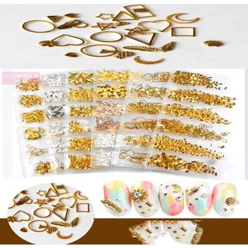 12 Grids/Box Hollow Nail Art Metal Studs (180pcs) Star/Heart/Round Gold Metal Nail Studs Nail 3D Charms Rhinestones ZJS02-5