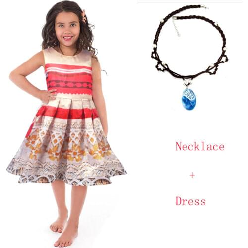 2018 Girl Spring Dress Moana+Necklace Kids Adventure Outfit Children Vaiana Princess Beach Party Cosplay Costume Girl Nightgown