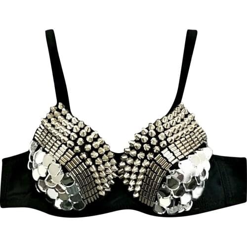 2021 New Brassieres Womens Fashion Rhinestone Sexy New Punk Lady Goth Silver Party Studded Bra Comfortable Push Up Bralette