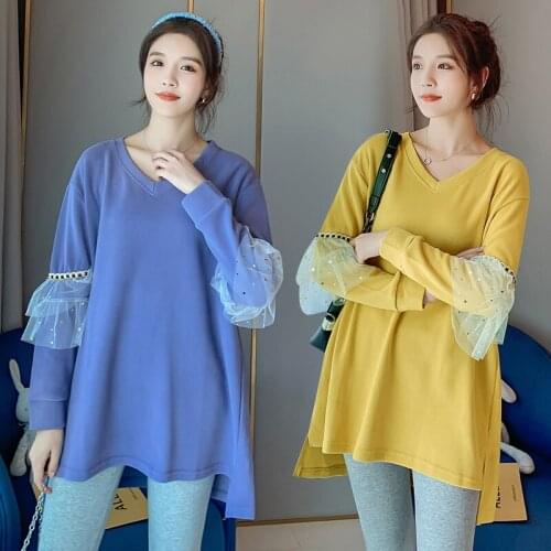 906# Maternity Clothes Spring Autumn V Neck Long fashion Sleeves Patchwork Loose Stylish Tops for Pregnant Women