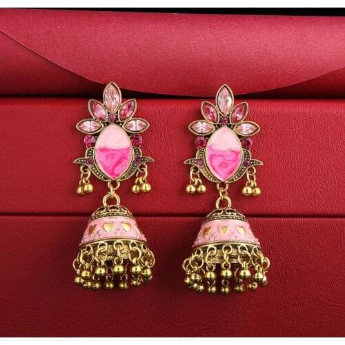 Afghan Gypsy Crystal Beads Tassel Indian Jhumka Earrings For Women Ethnic Vintage Gold Alloy Bohemian Flower Bells Drop Earrings