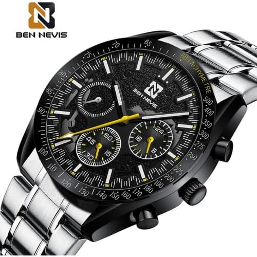 Luxury Top Brand BEN NEVIS Mens Watches Military Quartz Watch Men Full Steel Sports Chronograph Wristwatch Relogio Masculino