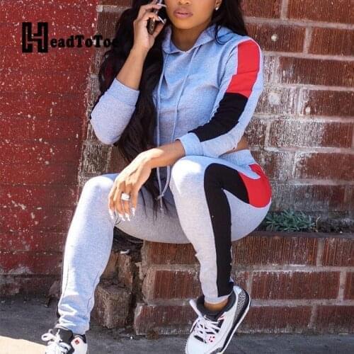 Colorblock Print Casual Sporty 2 Piece Set Women Full Sleeve Hooded Navel Pencil Two Piece Outfits Woman