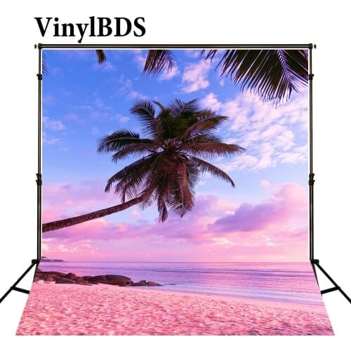 VinylBDS Romantic Pink Beach Background Palm Tree Blue Sky and White Clouds Washable and Wrinkle Free Photography Backdrops