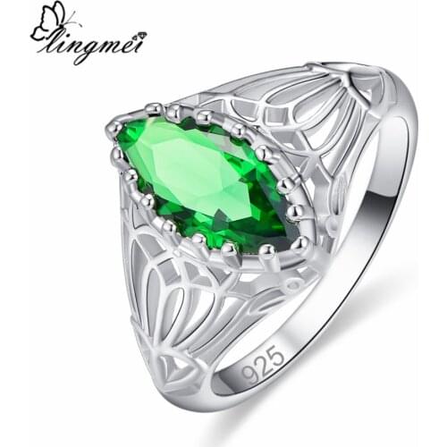 Lingmei Wholesale Wedding Engagement Marquise Cut Blue & Green Cubic Zircon Silver Color Ring Size 6 7 8 9 10 11 12 13 Gorgeous