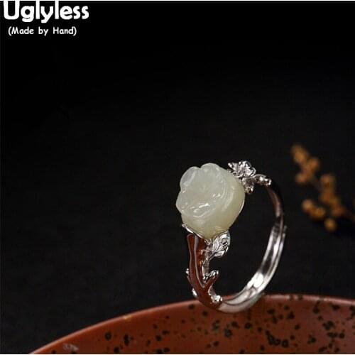 Uglyless Real 925 Sterling Silver Jewelry Women Natural White Jade Flower Rings Handmade Engraved Plum Blossom Ring Fine Bijoux