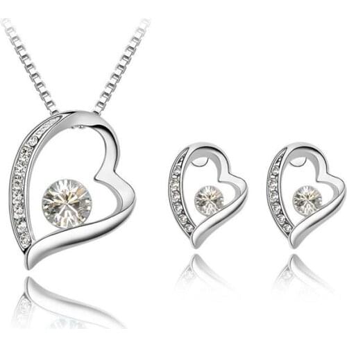 JS S069 Heart Necklaces Earrings Sets Silver Color Crystal Jewelry Sets Nickel Free Fashion Jewelry Sets Wholesale