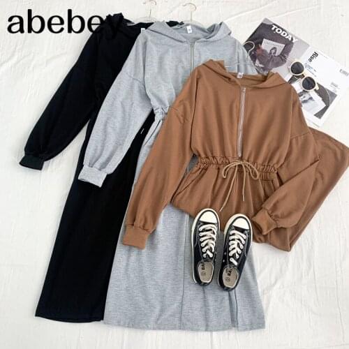Korean hooded collar long sleeve zipper Dress drawstring bandage high waist pleated mid-long split Dress 2021 New Spring Autumn