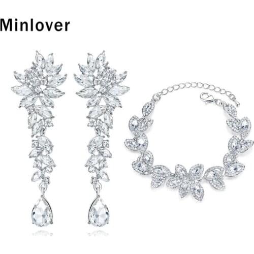 Minlover Beauty Wedding Jewelry Sets for Women Leaf Cluster Rhinestone Bridal Drop Earrings Bracelet Set Silver Color Prom Engagement Jewelry MEH1566+SL046