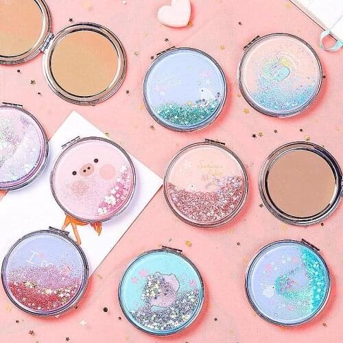 Fashion 2-Face Mini Pocket Makeup Mirror Creative Cosmetic Compact Mirrors with Flowing Sparkling Sand Cartoon Pocket Mirror