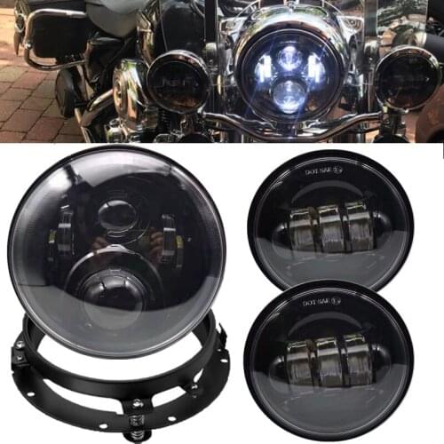 Motorcycle 7" LED Headlight Projector Motor Headlamp for Harley Road King, with 4.5 inch LED Passing Lamps Fog Lights + Bracket