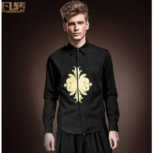 Fanzhuan Free Shipping New fashion personality male Mens Long Sleeved Mens Black shirt spring 14240 design Gold foil printing