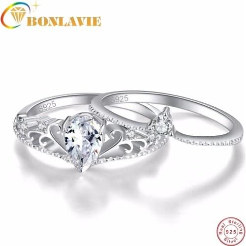 BONLAVIE 925 Sterling Silver Bridal Sets Water Drop Crystal Crown Ring Set Classic Fine Jewelry Women Party Gift