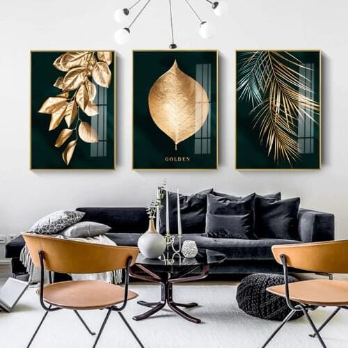 Wall Poster Golden Black Plant Leave Home Decor Abstract Canvas Art Mural Modern Fashion Sticker Aisle cuadros Living Room Decor