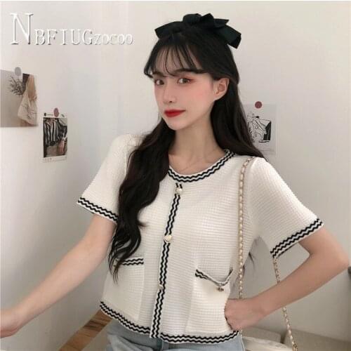 2020 New Korean Loose Knitting Women T Shirt Black White Color Sweet Female Tee Shirts