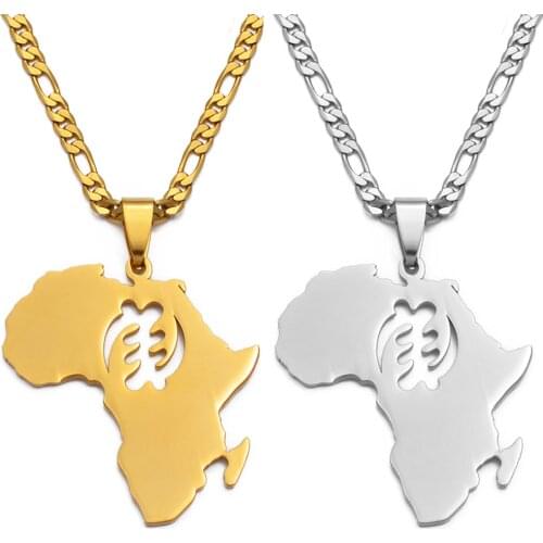 Anniyo African Map Symbol Pendant Necklaces Women Men Gold Color Stainless Steel Adinkra Gye Nyame Ethnic Jewelry Ghana #128821