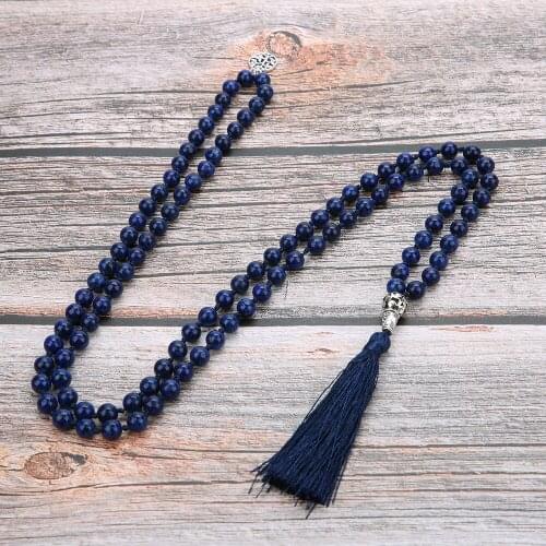 OAIITE Natural Lapis Lazuli Stone Necklaces 108 Mala Rosary Beads Knotted Tassel Necklace With Tree of Life Pendant Yoga Jewelry