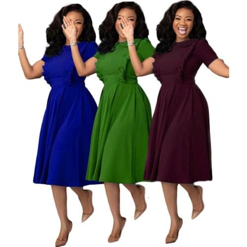 African Dresses For Women Short Sleeves Ruffles round Collar A Line High Waist Knee-Length African Fashion dress