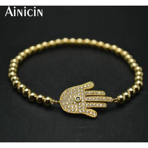 5pc High Quality Hand Shape Charms With Zircon Cubic Stone Setting 4mm Round Copper Beads Fashion Women Bracelets
