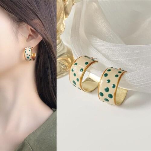 Romantic Cute Green Spots Glazed Metal C Pendant Drop Earrings for Women Girls Teens Ear Jewelry Earrings 2021 Trend New Arrival