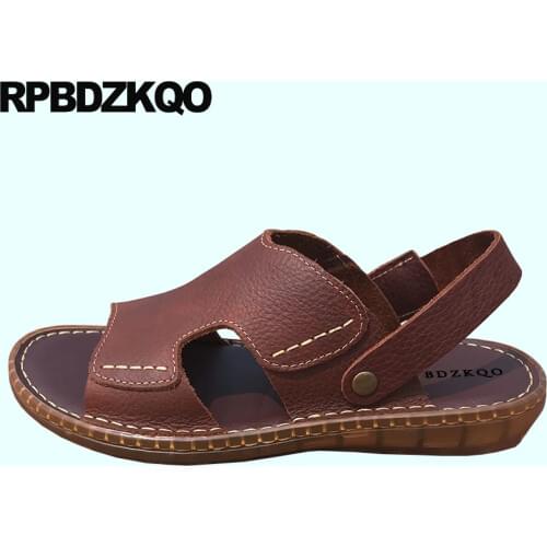 Flat slides shoes slippers large size open toe beach black brown men sandals leather summer slip on fashion water 45 waterproof