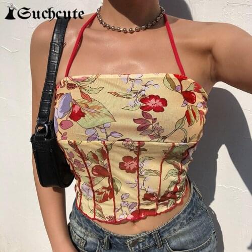 SUCHCUTE Floral Print Women Halter Top Harajuku Vintage Y2K Sleeveless Ruffles Crop Tops Sexy Backless Kawaii Clothes Streetwear