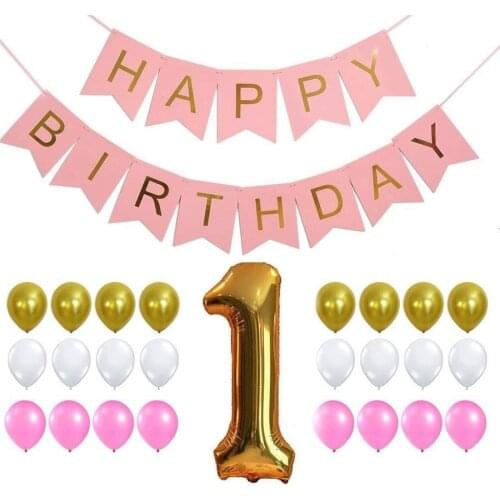 1ST BIRTHDAY GIRL DECORATION SET Happy Birthday Banner 1st Foil balloons for Babyshower Latex Ballons Numbers Decoration Party