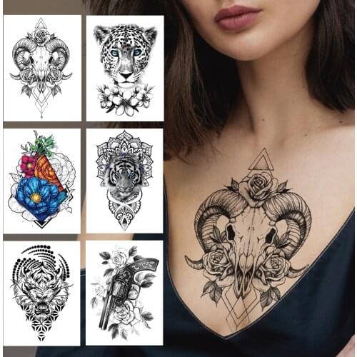 Geometry Sheep Flower Temporary Tattoos For Women Girls Men Adult Tiger Pistol Tattoo Sticker Fake Henna Black Big Tattos Chest