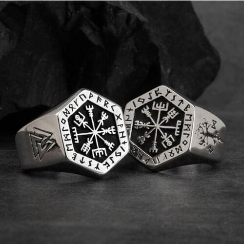 Viking Compass Vegvisir Aegishjalmur Runic Statement Ring Mens Vintage Silver Color Nordic Viking Totem Odin Biker Rings Jewelry