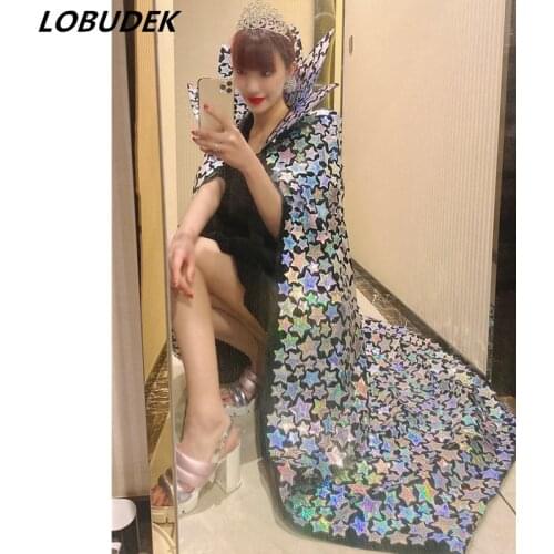 Women Singer Models Stage Cloak Silver Laser Stars Pattern Stand Collar Long Coat Bar Nightclub Stage Performance Costume