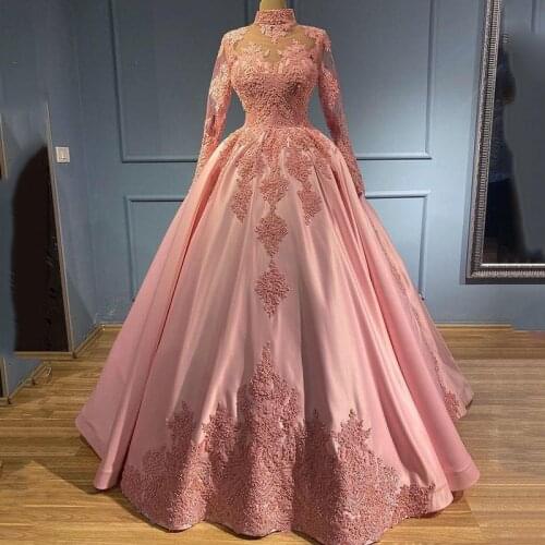 2021 Plus Size Pink Lace Beaded Quinceanera Dresses High Neck Long Sleeves Ball Gown Tulle Pageant Evening Prom Gowns