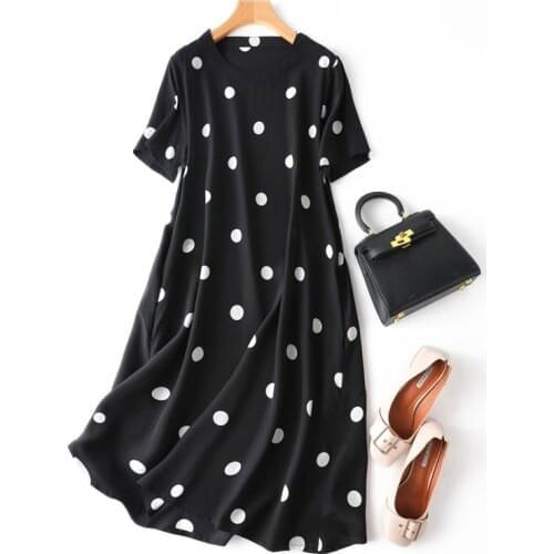 Womens 100% Pure Silk loose type round neck short sleeve Long Dress Black Dots L XL MM003