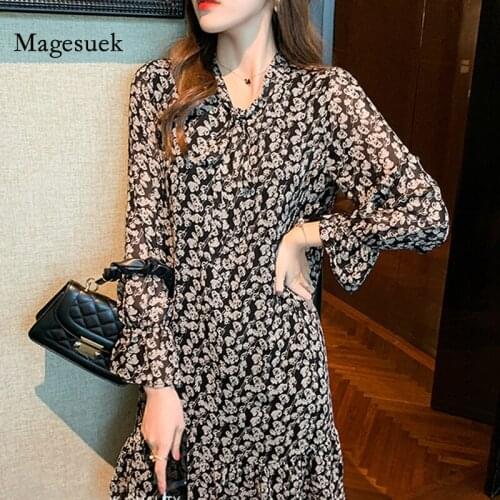 New Vintage Dress 2021 Spring Bow Vestidos French Style Ruffled Party Dress V-neck High Waist Mini Floral Dresses Women 13264