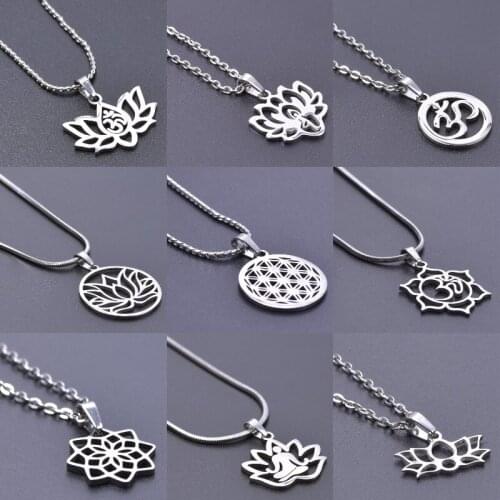 1Pc Round Buddhist Flower of Life Charms Long Chain Necklaces Lotus Flower Yoga OM Pendant Choker Women Party Gift Jewelry