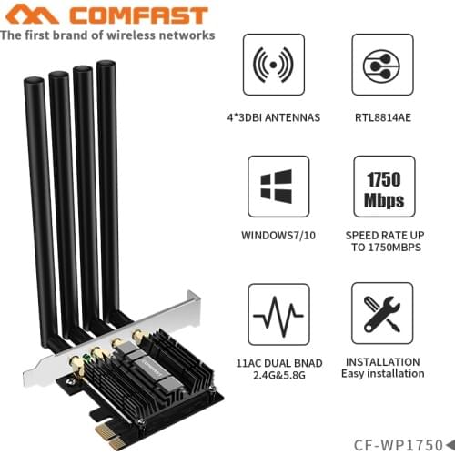 1750Mbps 802.11AC PCI-E WiFi Adapter PCI Express Desktop Wifi Card MU-MIMO RTL8814AE 4*3dBi Antenna Wif-fi card for Windows 7 10