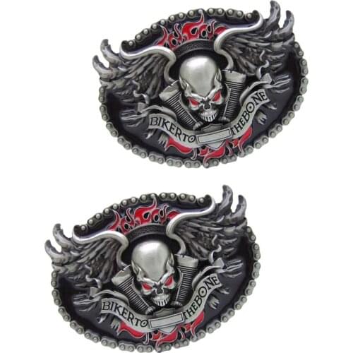 2 Pieces Skeleton Head BIKER TO THE BONE Western Zinc Alloy Belt Buckle for Men