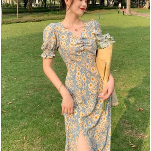 2021 Summer Floral Dresses New Women Fashion Short Puff Sleeve V-Neck Sexy Spilt Chic Party Dress Casual Slim Vestidos