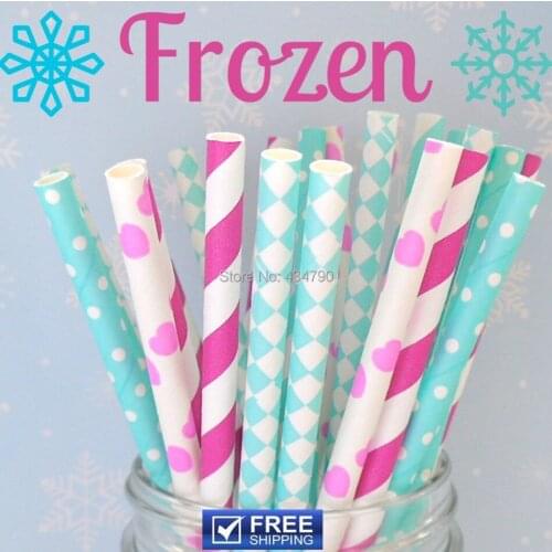 250pcs Mixed 5 Designs Frozen Paper Straws, Hot Pink, Light Blue, Aqua Striped, Swiss Dot, Heart, Diamond Party Decorations