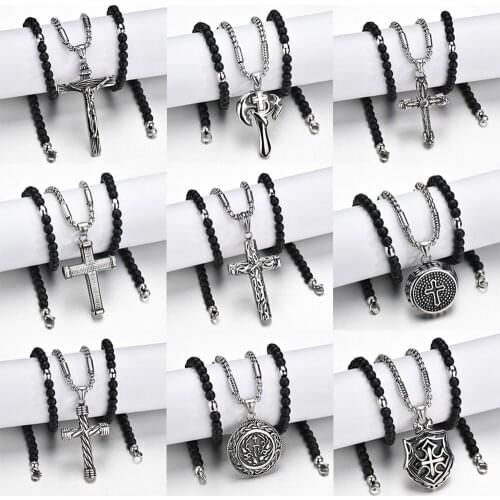 316L Stainless Steel Cross Pendant Necklace With Black Beads Chain Necklace Christian Lucky Christian Jewelry