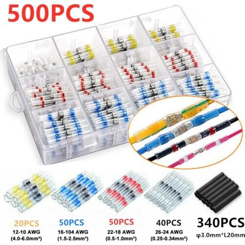 500Pcs Heat Shrink Butt Crimp Terminals Waterproof Solder Seal Electrical Connectors Wire Cable Splice Kit Automotive Marine