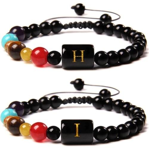 Natural 7 Chakra Bracelets Women Men Amethyst Turquois Black Agat Stone Beads Bangle 26 Capital Letthers Charm Bracelet Braid