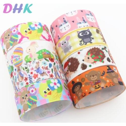 DHK 50yards rabbit bear animals Printed Grosgrain Ribbon Accessory Hairbow Headwear Decoration DIY Wholesale OEM S1285